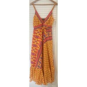 ELINA Boho Vibrant Maxi Dress Yellow Red Mixed Pattern Smocked Back Tie Waist